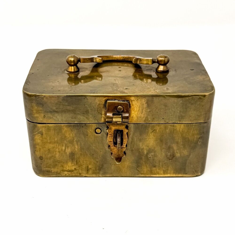 Vintage Brass Box Hinged Lid Folding Handle Latch Small Storage Trinket Box